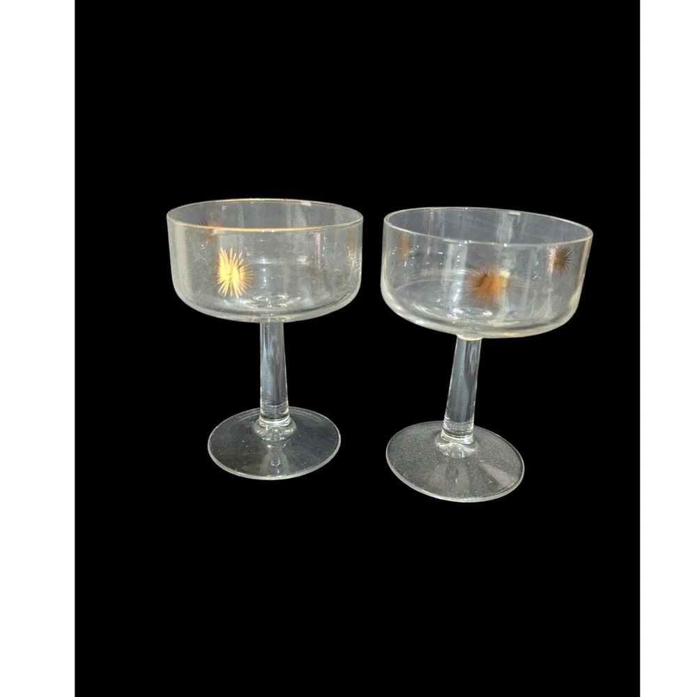 Vintage Mid Century Atomic Gold Starburst Champagne Coupe Glasses Set of 2